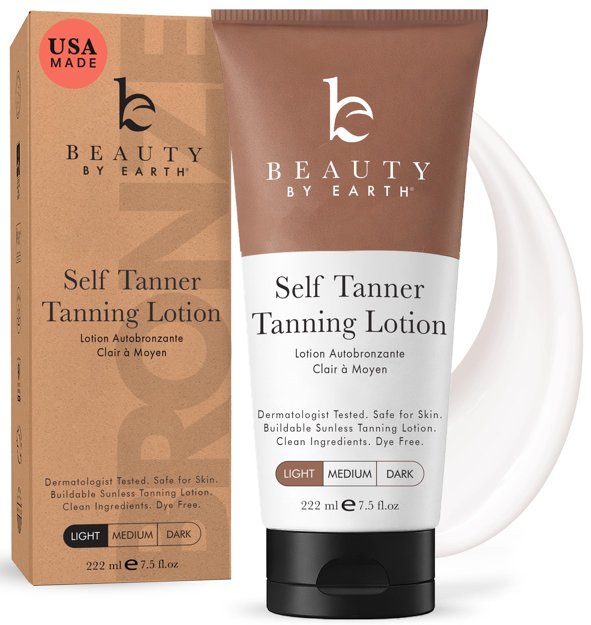 Beauty by Earth Self Tanner - USA Made with Natural & Organic Ingredients, Moisturizing Self Tanning Lotion with Aloe Vera & Coconut for a Natural Glow, Streak-Free Fake Tan (Medium)