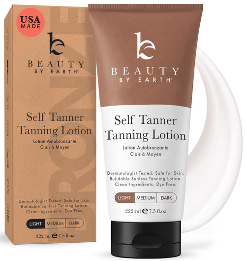 Beauty by Earth Self Tanner - USA Made with Natural & Organic Ingredients, Moisturizing Self Tanning Lotion with Aloe Vera & Coconut for a Natural Glow, Streak-Free Fake Tan (Medium)