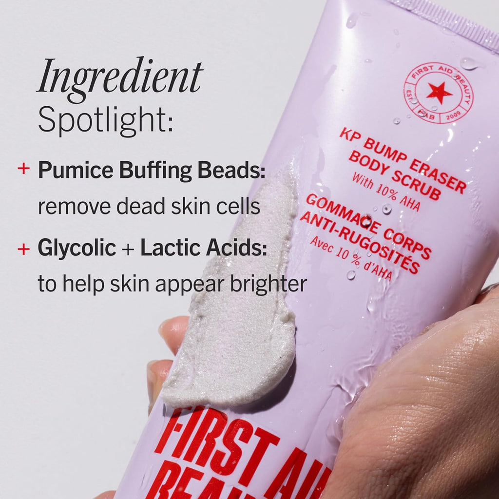 First Aid Beauty KP Bump Eraser Body Scrub with 10% AHA - Dermatologist-Tested Keratosis Pilaris Exfoliator - Support for Rough Bumps, Uneven Skin Texture & Strawberry Skin - Sensitive Skin