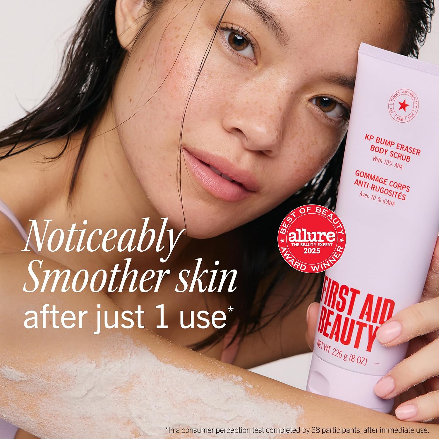 First Aid Beauty KP Bump Eraser Body Scrub with 10% AHA - Dermatologist-Tested Keratosis Pilaris Exfoliator - Support for Rough Bumps, Uneven Skin Texture & Strawberry Skin - Sensitive Skin