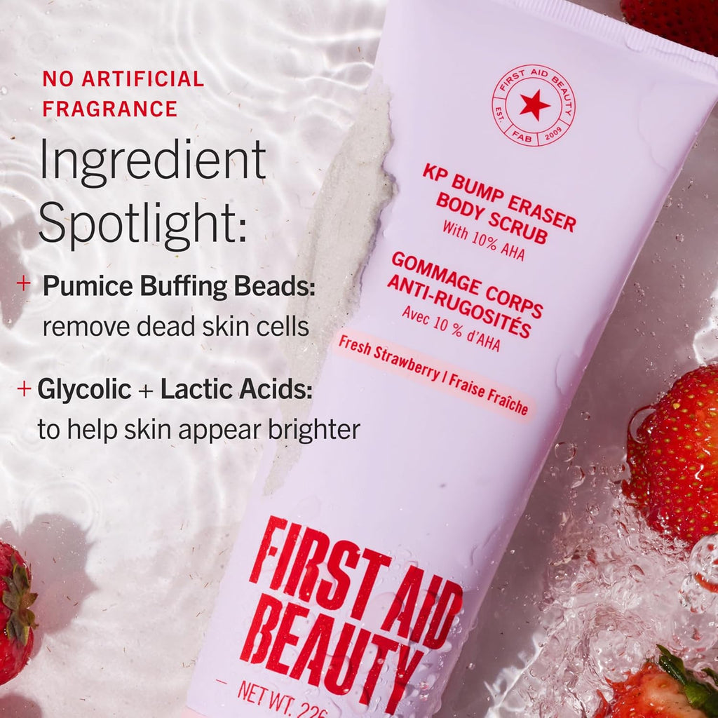 First Aid Beauty KP Bump Eraser Body Scrub with 10% AHA - Dermatologist-Tested Keratosis Pilaris Exfoliator - Support for Rough Bumps, Uneven Skin Texture & Strawberry Skin - Sensitive Skin